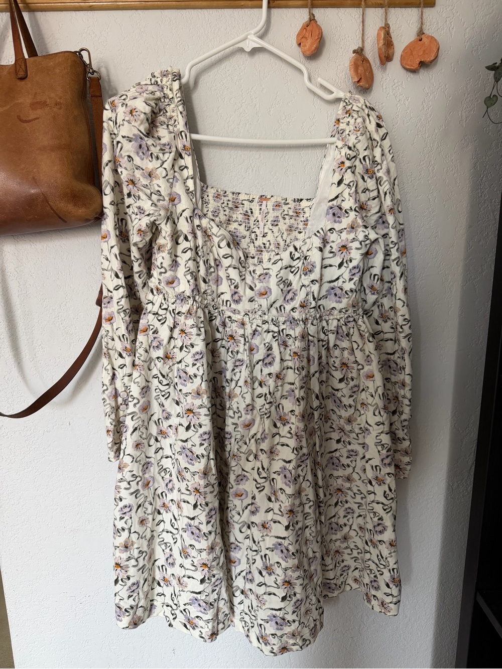 Free People Cream Floral Smocked Long Sleeve Midi Dress